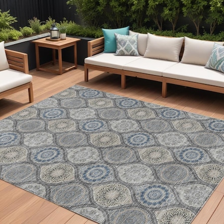 Homeroots 10' X 14' Gray Ivory And Navy Blue Floral Medallion Washable Indoor Outdoor Area Rug 614592