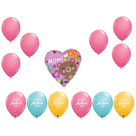 Loonballoon Mother's Day Theme Balloon Set, Standard Size Heart Shape Love You Mom Bear Balloon LB-87784