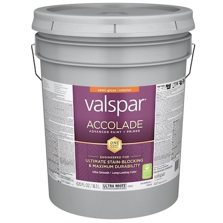 Valspar Accolade 1300 Latex Paint, Acrylic Base, Semi-Gloss, Ultra White, 5 gal, Plastic Pail 028.0013002.008