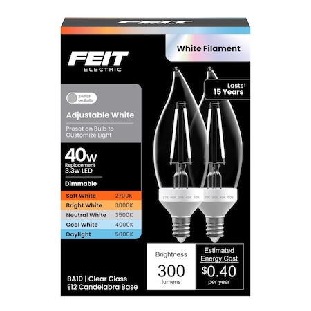 Feit Electric Feit BA10 E12 (Candelabra) LED Bulb Adjustable White 40 Watt Equivalence 2 pk CFC405CCTWFIL/2