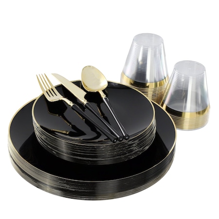 Elama 150 Piece Disposable Plastic Dinnerware Party Set for 25 Guests in Black with Gold Trim 750123351M