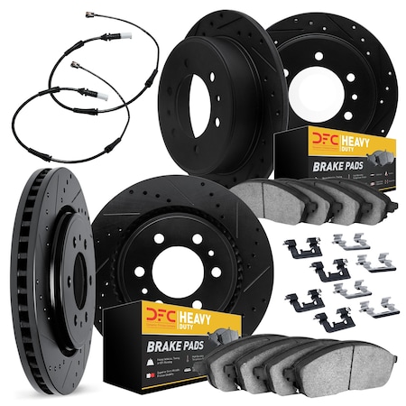 Dynamic Friction Co DFC Rotors-Drilled & Slotted-Silver w/ Heavy Duty Brake Pads Incl Sensor & Hdw 7224-40013