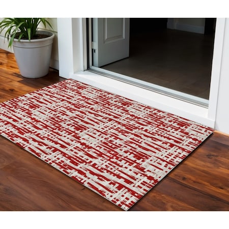 Homeroots 3' X 5' Red And Ivory Abstract Washable Indoor Outdoor Area Rug 602515