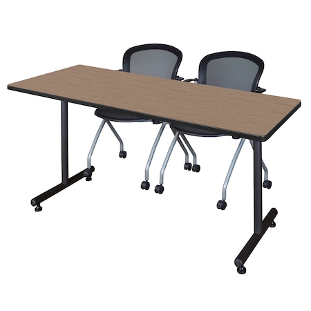Regency Kobe T-Base Training Seminar Table W/ 2 Cadence Stack Chairs, 60 in W, 30 in L, Noble Oak MKTRCT6030NO23BK