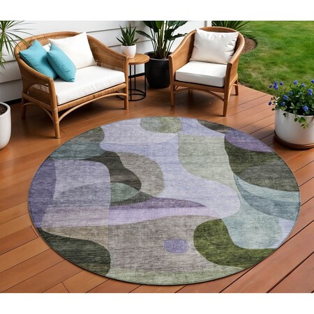 Homeroots 8' Olive Green Purple And Charcoal Round Abstract Washable Indoor Outdoor Area Rug 604446