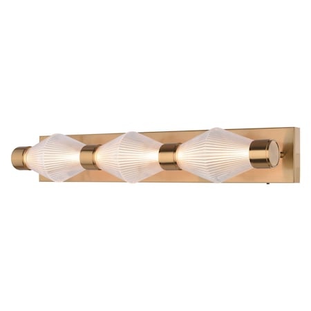 Vaxcel Fairmont 3-Light Vanity Light, Muted Brass, Art Deco, Clear Ribbed Glass, 25.5-In. Wide W0588
