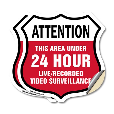 Signmission 24 Hour Surveillance Shield Sign Attenti, 6 inch X 6 inch, Vinyl Decal, 2PK SHI-D-2PACK-6-353