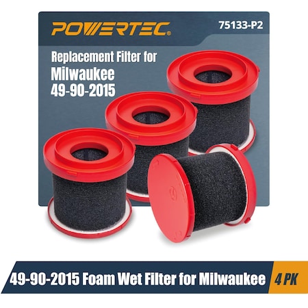 Powertec 49-90-2015 Foam Wet Filter for Milwaukee M18 0880-20, 0970-20 & M12 0960-20, 0960-21, 4PK 75133-P2