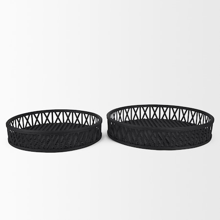 Homeroots Set of Two Black Round Wicker Handmade Serving Trays 609079