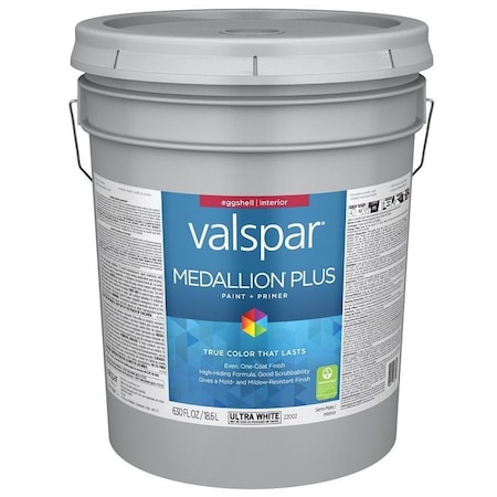Valspar Medallion Plus 2200 Latex Paint, Acrylic Base, Eggshell Sheen, Ultra White Base, 5 gal 028.0022002.008