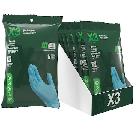 Ammex One Size Fits Most Ammex X310PK Blue X3 Nitrile Industrial Latex Free Disposable Gloves, 3-Mil,  0767