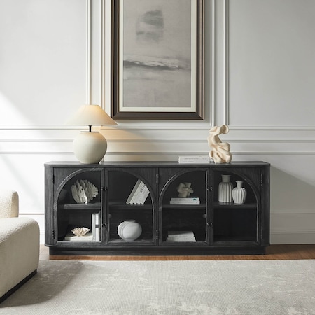 Martin Furniture Modern, Contemporary Wood 80" Console with glass doors, TV Stand, Accent Cabinet, Fully Assembled, Black IMHP380B
