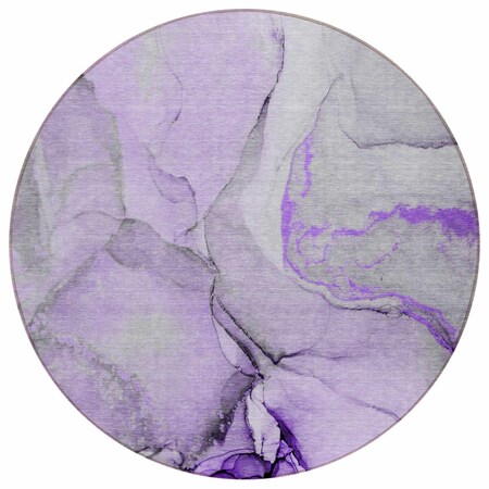 Homeroots 8' Purple And Ivory Round Abstract Washable Indoor Outdoor Area Rug 559708