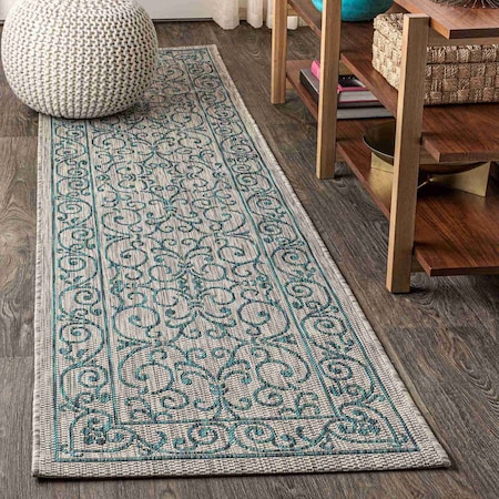 Jonathan Y Charleston Vintage Filigree Textured Weave Gray/Teal 2 ft. x 8 ft. Indoor/Outdoor Runner Rug SMB106E-28