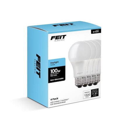 Feit Electric Feit A19 E26 Medium LED Bulb Daylight 100 Watt Equivalence, 4PK A160085010KLED4