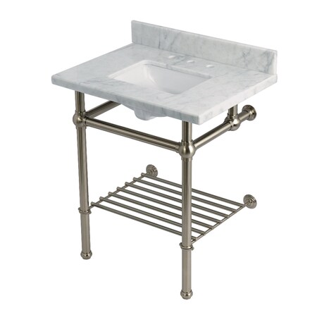 Kingston Brass 30-Inch Carrara Marble Console Sink with Brass Legs and Shelf, 8-Inch, 3-Hole KVPB30MBSQB8