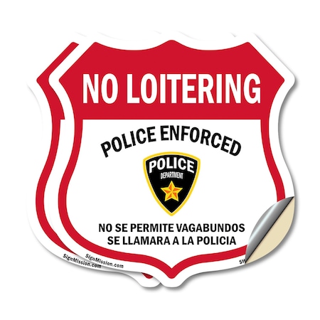 Signmission Bilingual No Loitering Shield Sign Polic, 12 inch X 12 inch, Vinyl Decal, 2PK SHI-D-2PACK-12-365