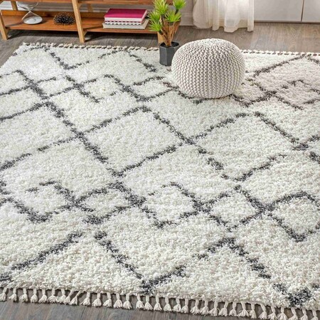 Jonathan Y Mercer Shag Plush Tassel Moroccan Tribal Geometric Trellis Ivory/Gray 3 ft. x 5 ft. Area Rug MCR102B-3