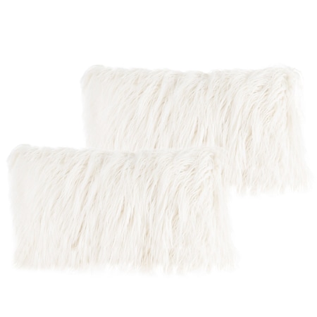Lavish Home 12x20 Plush Lumbar Faux Fur Pillows 2-Pack Decorative Pillow Insert and Shag Cover Set, White SH-BUND163