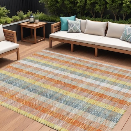 Homeroots 9' X 12' Peach Ivory And Orange Plaid Washable Indoor Outdoor Area Rug 613985