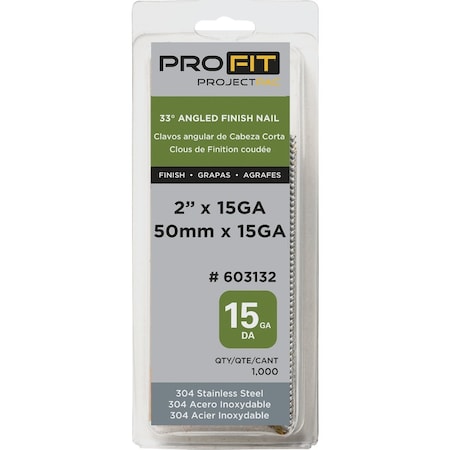 Pro-Fit 2'' 15 Gauge 304-Stainless Steel 33 Degree DA-Style Angled Finish Nail, 1000 Ct. 603132