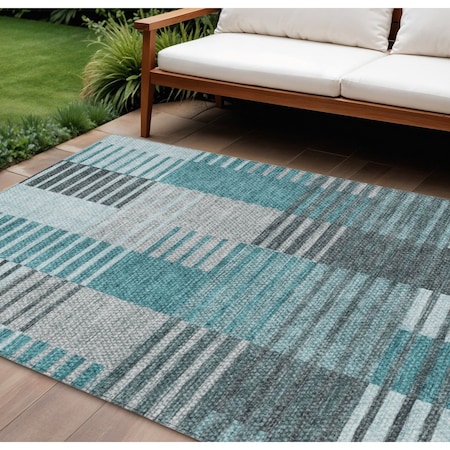 Homeroots 9' X 12' Teal Blue Aqua And Gray Striped Washable Indoor Outdoor Area Rug 581717
