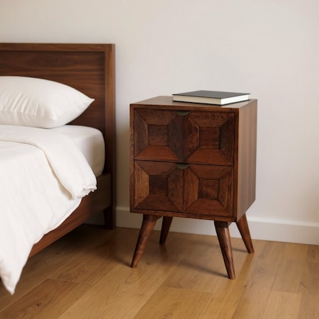 Homeroots 24" Chestnut Solid Wood Square Carved Geometric Two Drawer Nightstand 651598