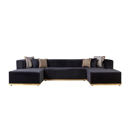 Homeroots Black Velvet Modular U Shaped Four Piece Sofa and Chaise Sectional With Toss Pillows 644108