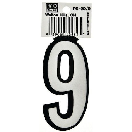 Hy-Ko Reflective Sign, Character: 9, 3-1/4 in H Character, Black/White Character, Vinyl PS-20/9