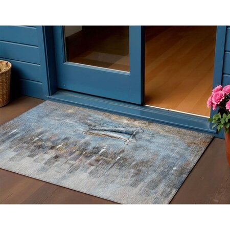 Homeroots 3' X 5' Blue And Beige Nautical Washable Indoor Outdoor Area Rug 630417