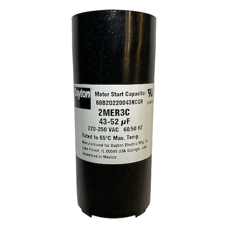 Dayton Motor Start Capacitor, 43-53 MFD, 220-250V 2MER3
