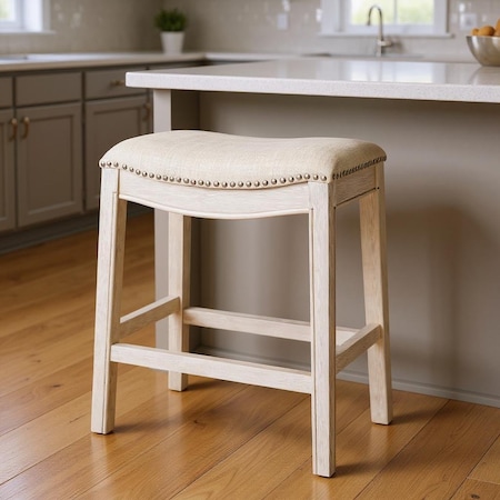 Homeroots 26" Bone and Antiqued White Fabric and Solid Wood Backless Counter Height Bar Chair 632361