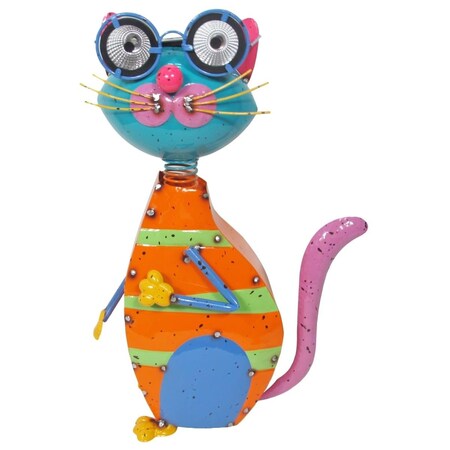 Continental Art Center Colorful Enameled Metal Cat with Solar Eyes Statue 21289