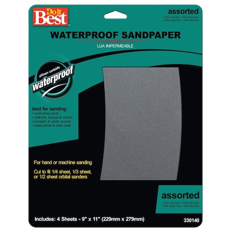 Do It Best Waterproof 9''x11'' 600/440/320/220 Grit Assorted Grade Sandpaper, 4PK 330140GA