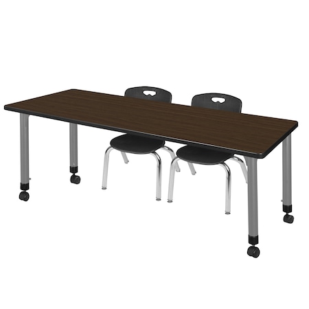Regency Kee Mobile Adjustable Classroom Table W/ 2 Andy Stack Chairs, 66 in W, 24 in L, Neo Walnut MT6624NWAPCGY45BK