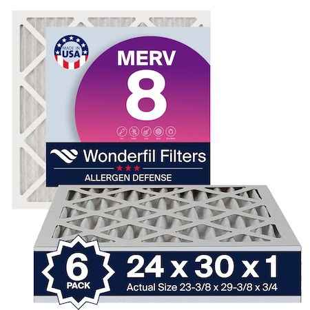 Wonderfil Filters 24X30X1 MERV 8 Air Filter, Pleated HVAC Design, Perfect Fit for AC and Furnace Systems, 6PK AF24X30X1M8P6