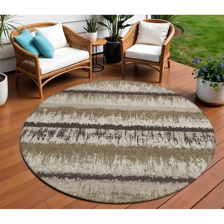 Homeroots 8' Brown Beige And Ivory Round Striped Washable Indoor Outdoor Area Rug 598324