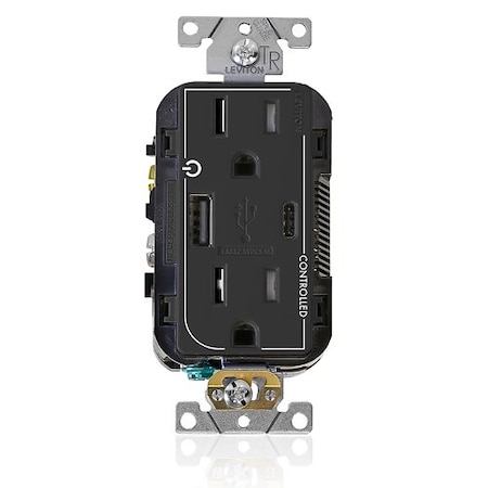 Leviton USB Receptacle, 15 A, 1/2 hp, Black T5633-2E
