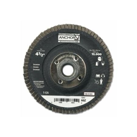 Anchor Brand Abrasive Flap Disc, 4-1/2 in dia, 60 Grit, 7/8 in arbor, 12000 RPM, Type 27 102-40374