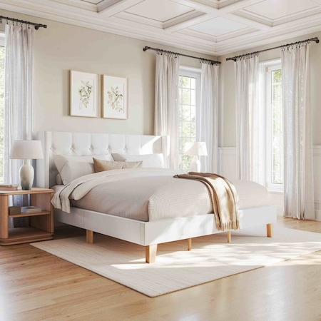 Martha Stewart Carmy King Upholstered Platform Bed, Tufted Wingback Headboard and Cushioned Siderails TW-B2503T-K-WH-MS