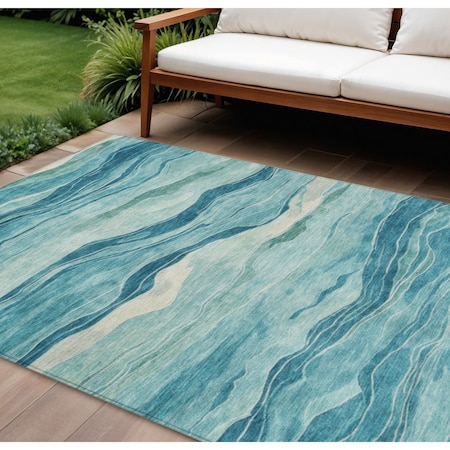 Homeroots 9' X 12' Turquoise Striped Washable Indoor Outdoor Area Rug 608134
