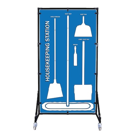 5S Supplies Housekeeping Shadow Board Broom Station V4, Blue / White Shadows, Kit + Stand HSB-V4-BLUE/WHITE-KIT-STAND