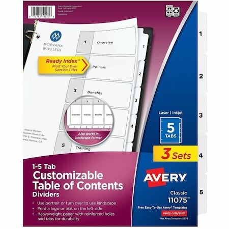 Avery Ready Index 5 Tab Binder Dividers, PK3 11075