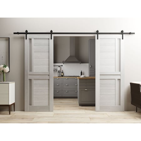 Sartodoors Sturdy Dbl Barn Door 36 x 84in W/, Light Grey Oak W/ Frosted Glass, 13FT Rail Hangers Heavy Set VEREGIO7288DB-OAK-3684