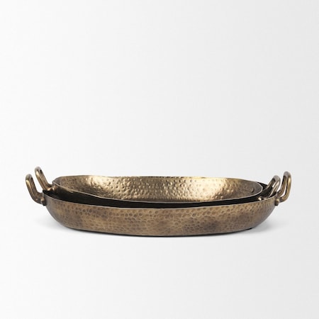 Homeroots Set of Two Gold Oval Metal Handmade Serving Tray With Handles 609097