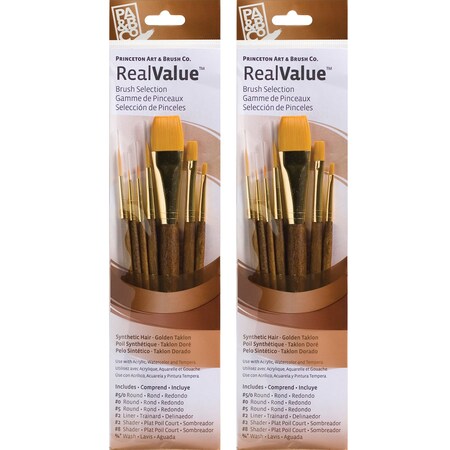 Princeton RealValue Brush Set, Gold Taklon Bristles, Short Handle Mixed Media Paintbrush, 7-Piece Set, 2PK PR9141