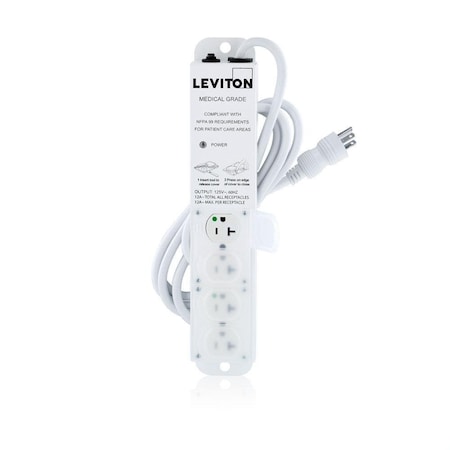 Leviton Outlet Strip, Medical Grade, 4 5-20R, 5-20P, 7 ft., White 5304M-2N7