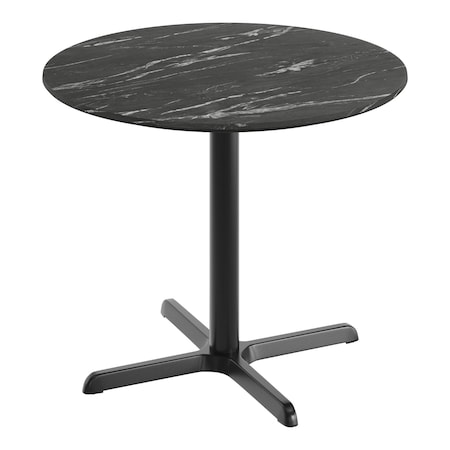 Flash Furniture Commercial 36" Black Faux Marble HPL Tabletop - Black Table Height X Base ST-RD36-BKMAR-T3030-GG