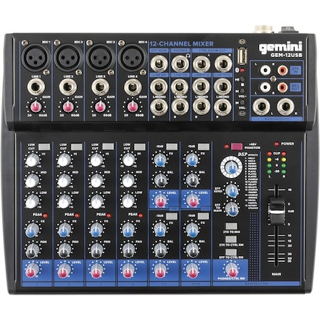 Gemini Compact 12 Channel Bluetooth Audio Mixer With USB 12 Ins, 2 Bus, 3 Band EQ GEM-12USB