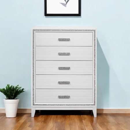 Homeroots 49" White And Silver And Faux Wood And Crystal Bling Lighted Five Drawer Dresser 564692